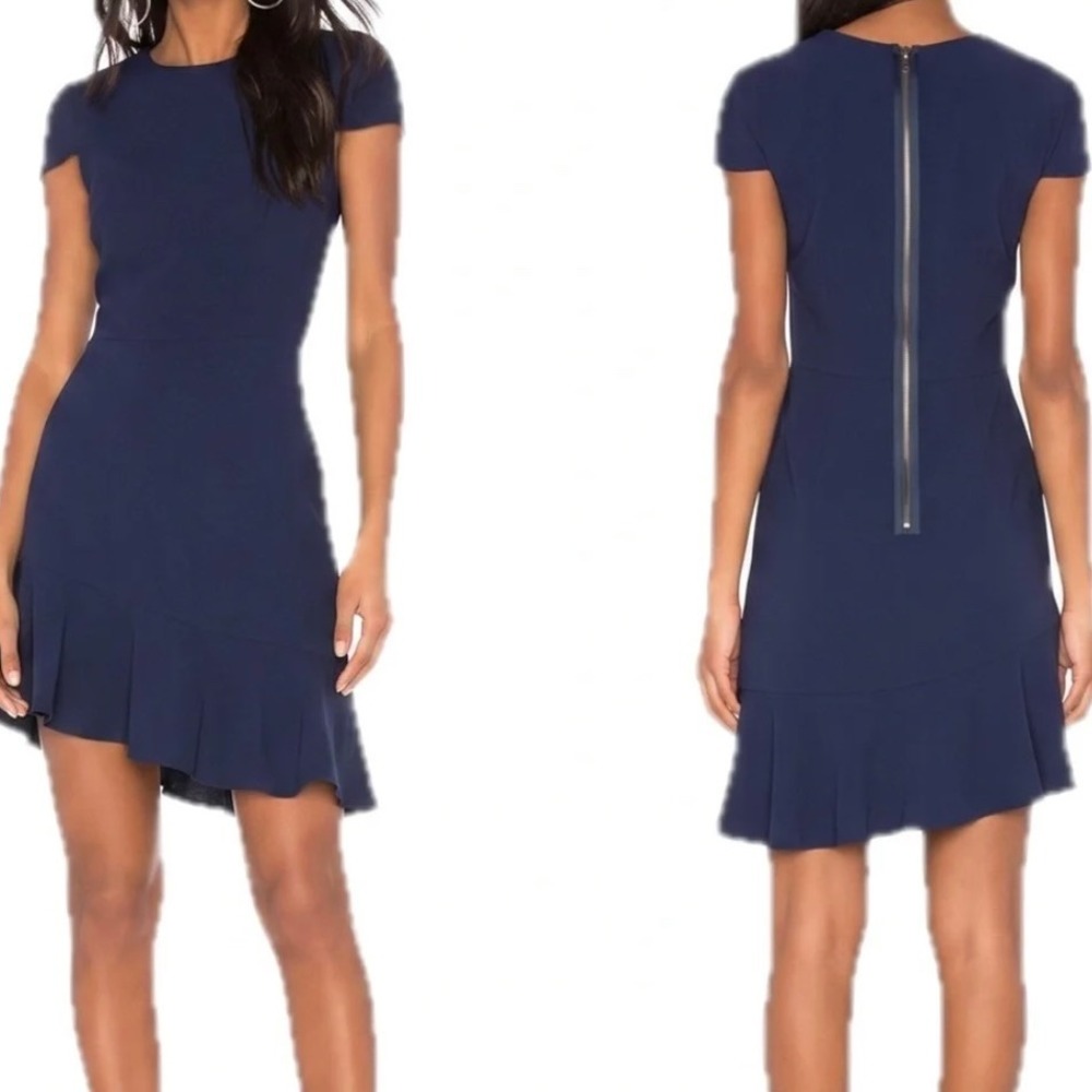 Alice + Olivia Ruffle Hem Dress Women Navy Blue Asymmetrical Mini 2 NWT